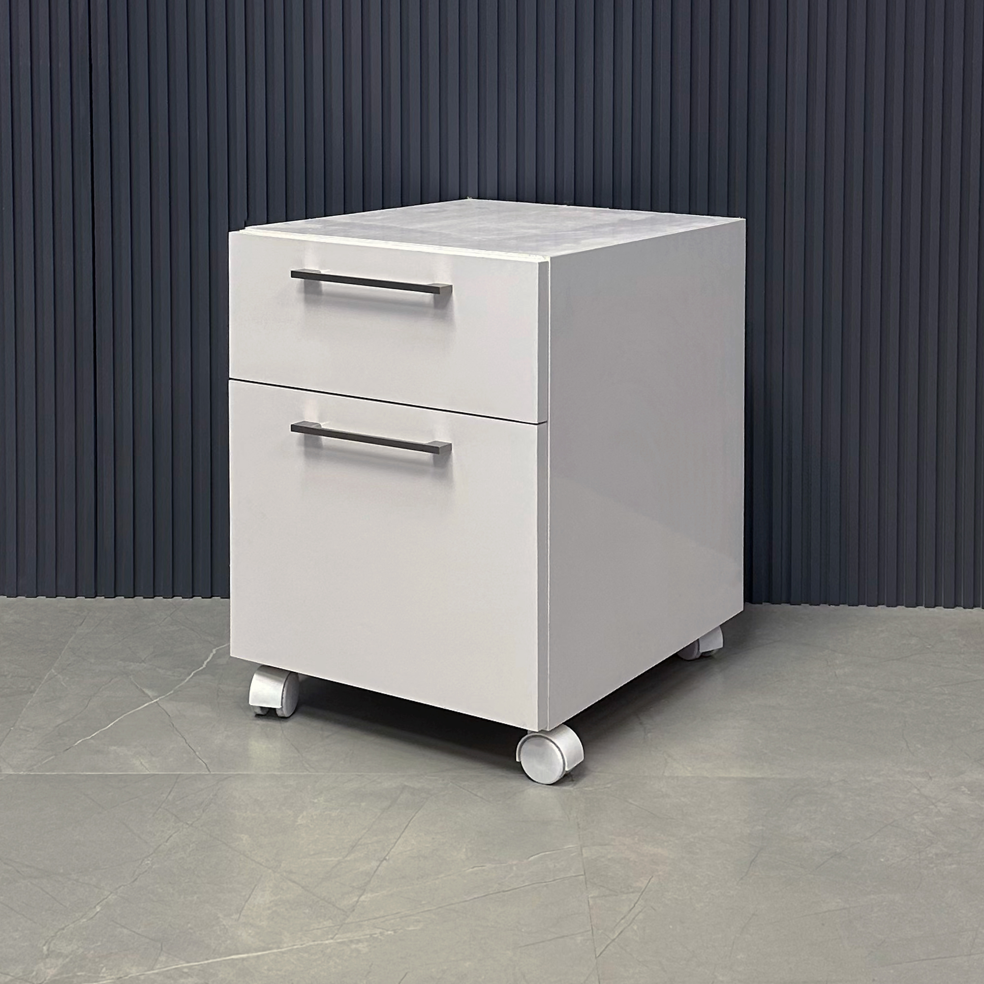 15 3/4 inches Naples Mobile Storage in white gloss laminate shown here.