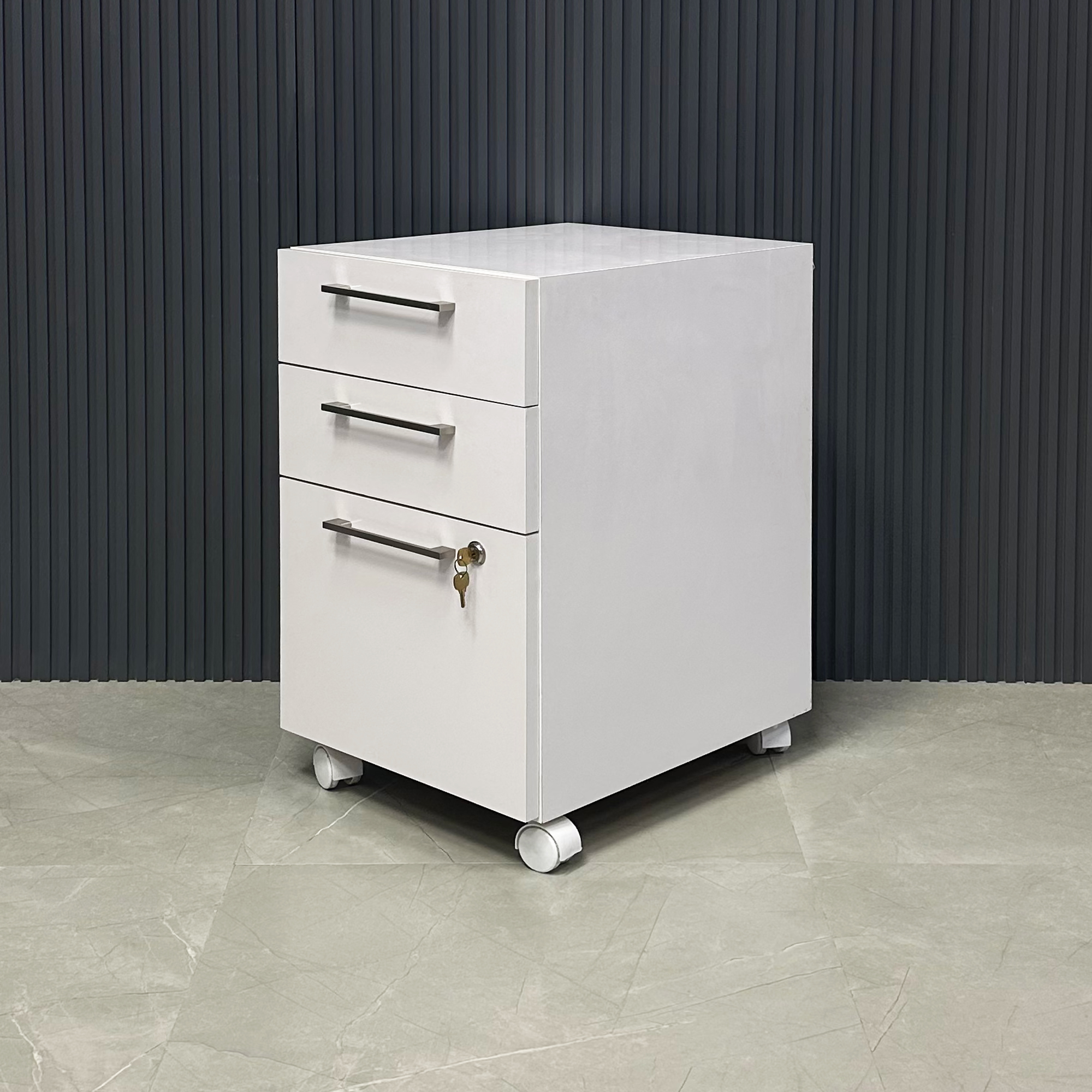 Naples Custom Mobile Storage Cabinet in white gloss laminate and lock on third drawer, shown here.
