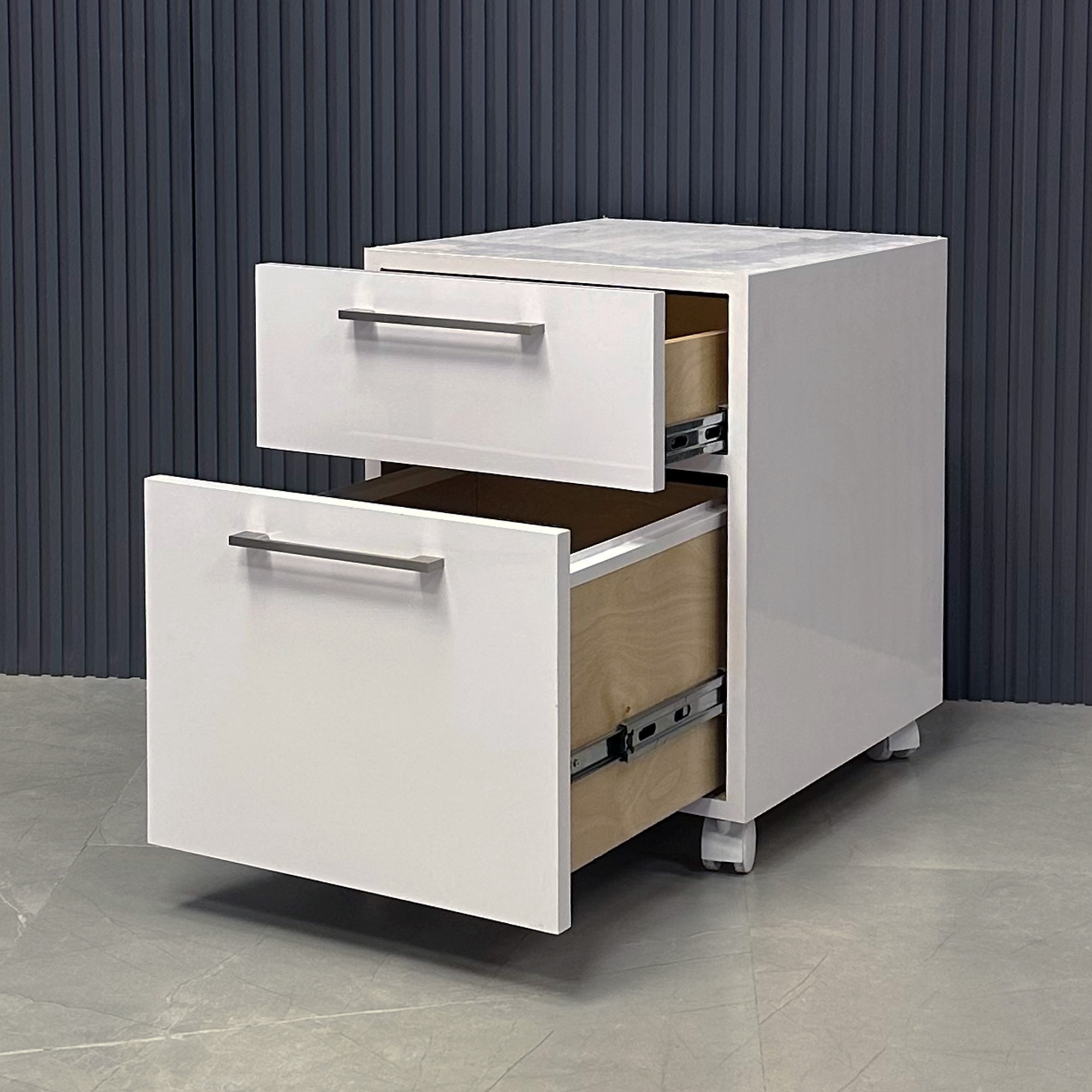 15 3/4 inches Naples Mobile Storage in white gloss laminate shown here.