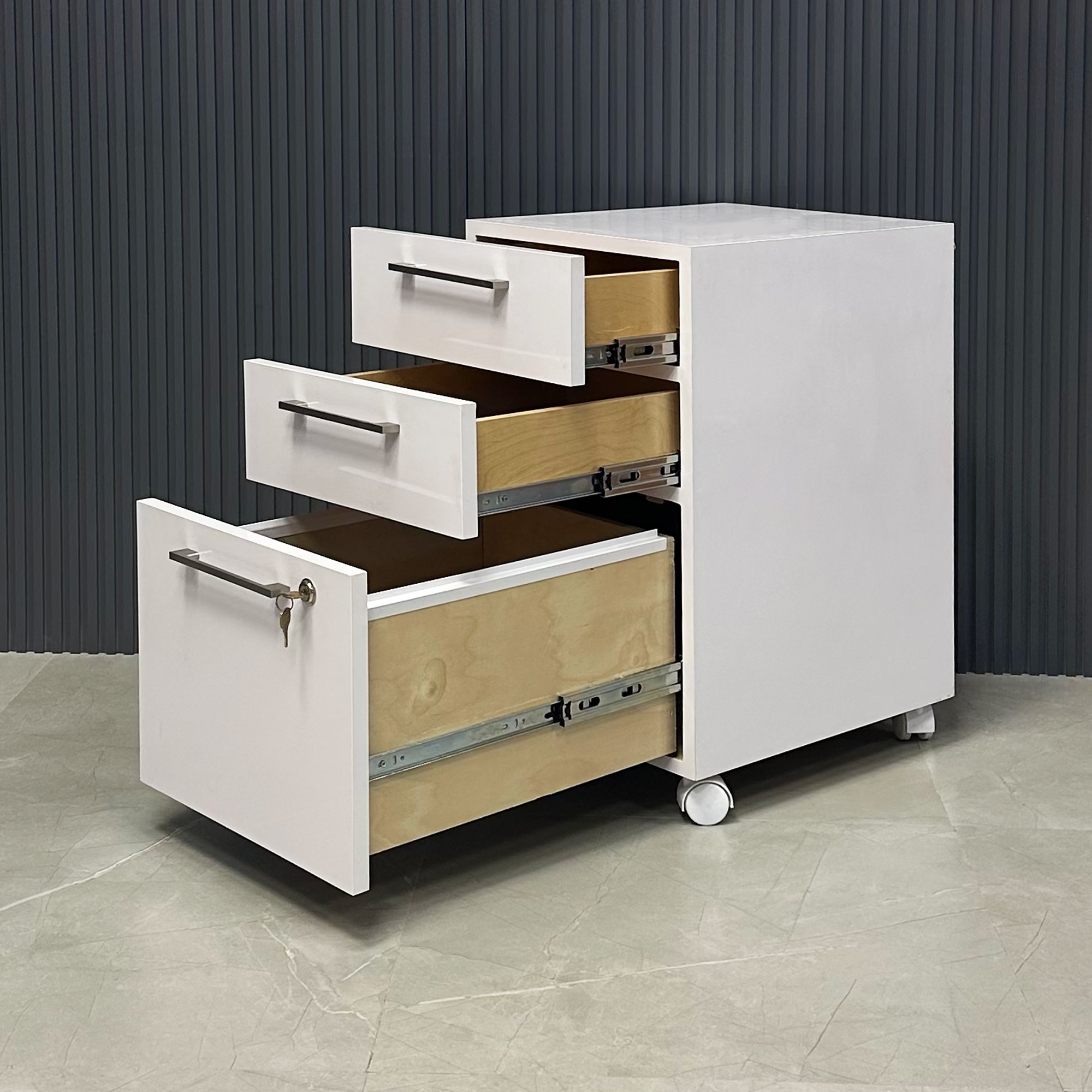 15 3/4 inches Naples Mobile Storage - 3 drawers- W/ Lock in white gloss laminate finish shown here.