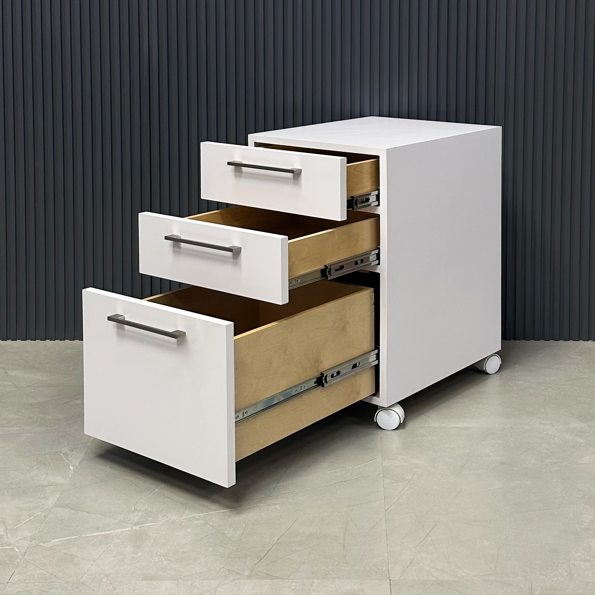 15 3/4 inches Naples Mobile Storage in white matte laminate shown here.