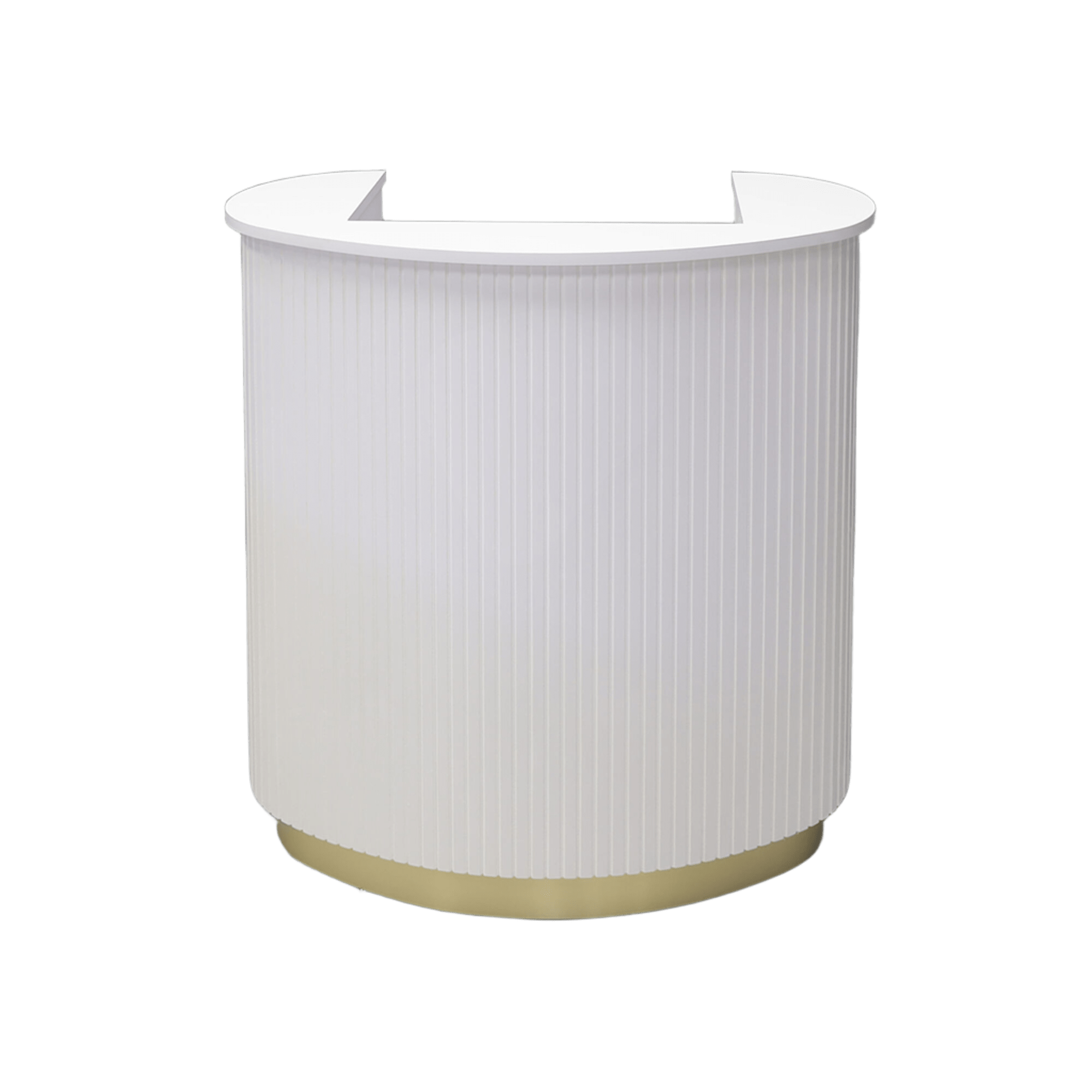 42-inch The Pill Podium & Host Custom Desk in white matte laminate top counter & workspace, white matte tambour main desk, and gold aluminum toe-kick.