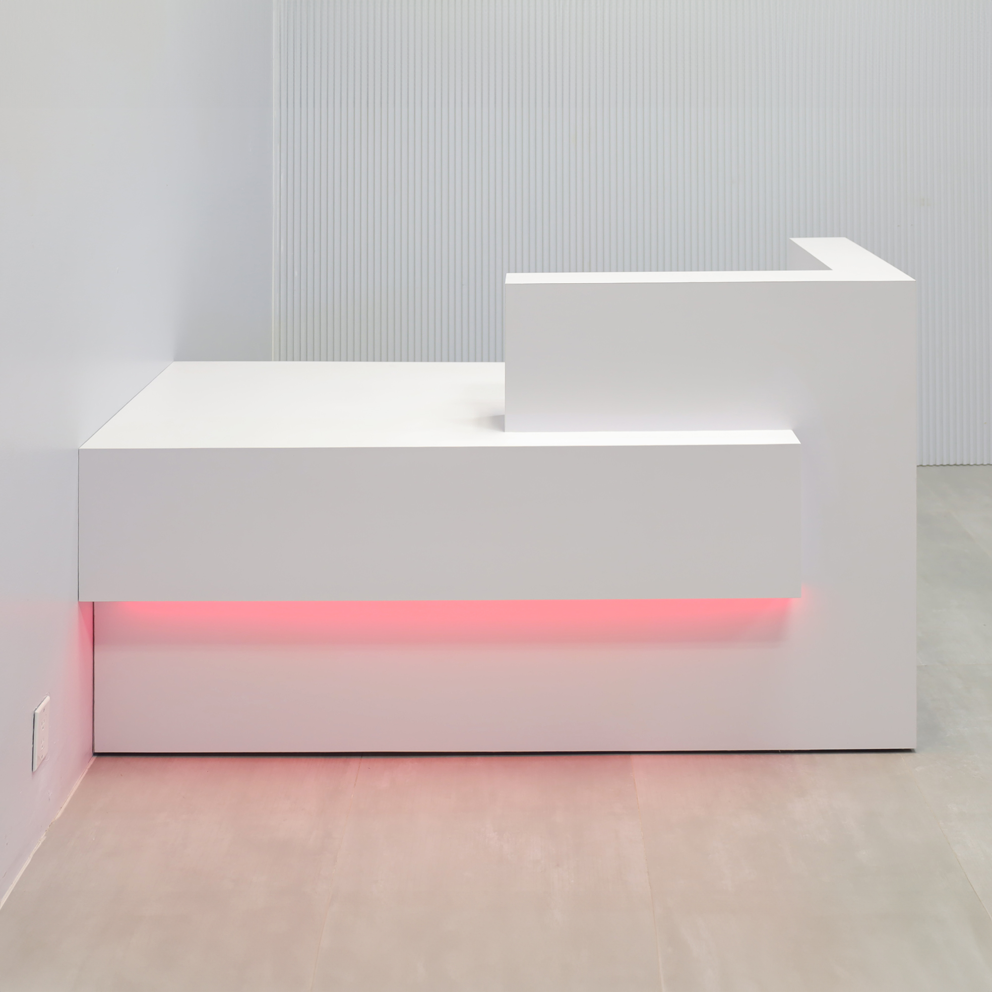 72-inch Atlanta Reception Desk with white matte laminate countertop & base, white matte laminate workspace & front accent, colored LED.