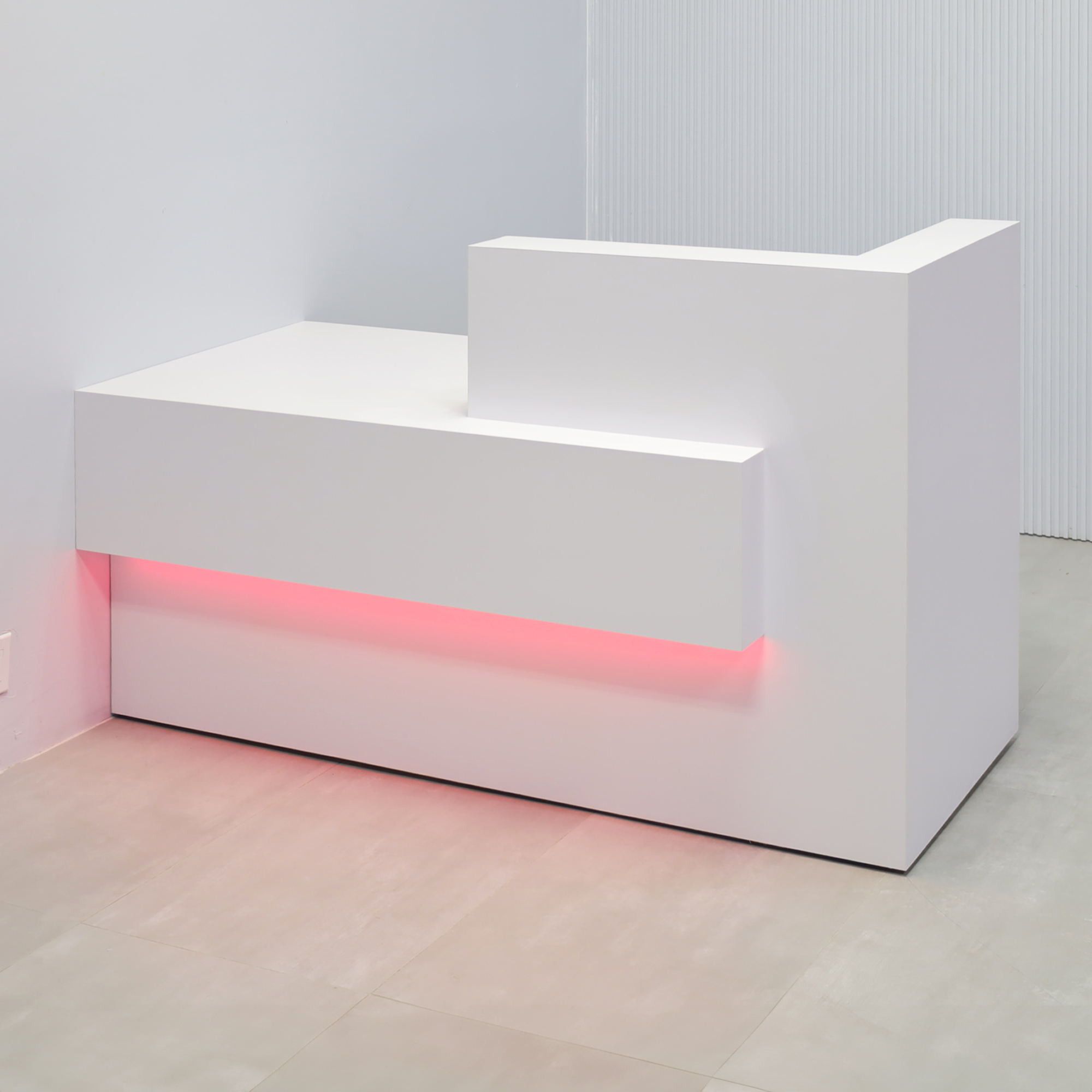 72-inch Atlanta Reception Desk with white matte laminate countertop & base, white matte laminate workspace & front accent, colored LED.