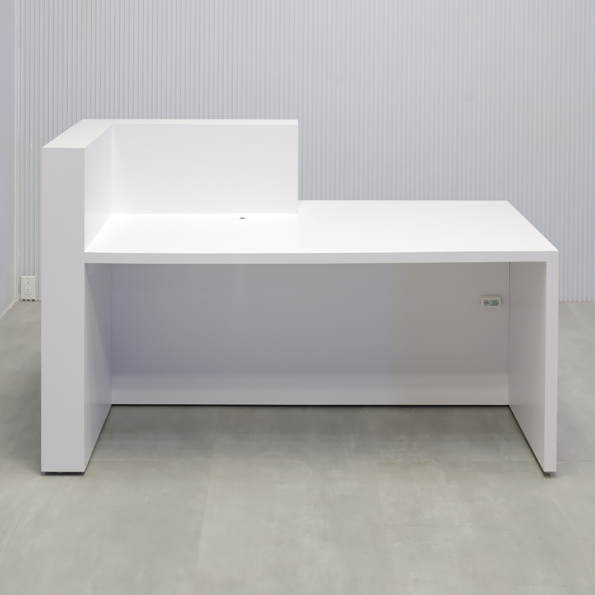 72-inch Atlanta Reception Desk with white matte laminate countertop & base, white matte laminate workspace & front accent, colored LED.