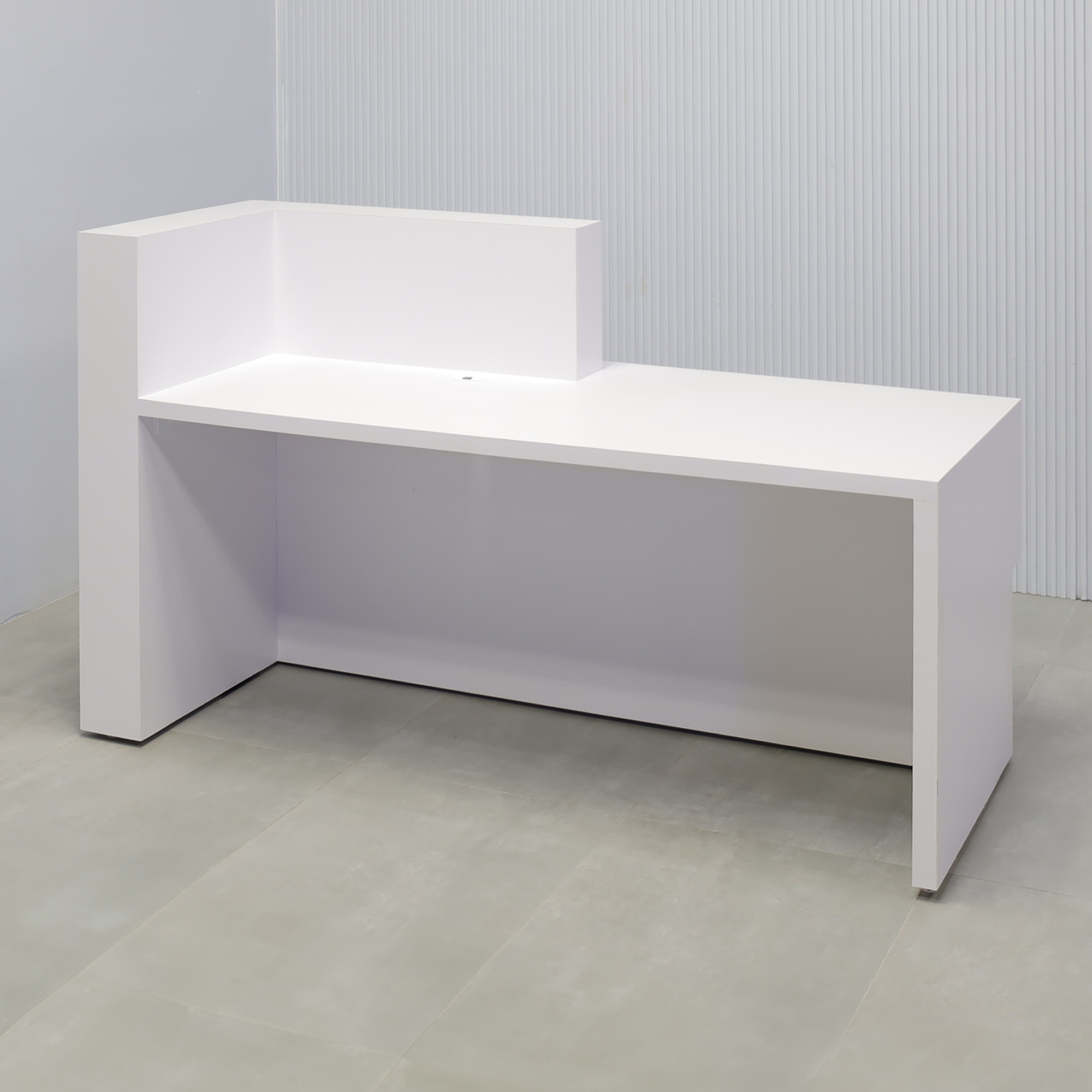 72-inch Atlanta Reception Desk with white matte laminate countertop & base, white matte laminate workspace & front accent, colored LED.