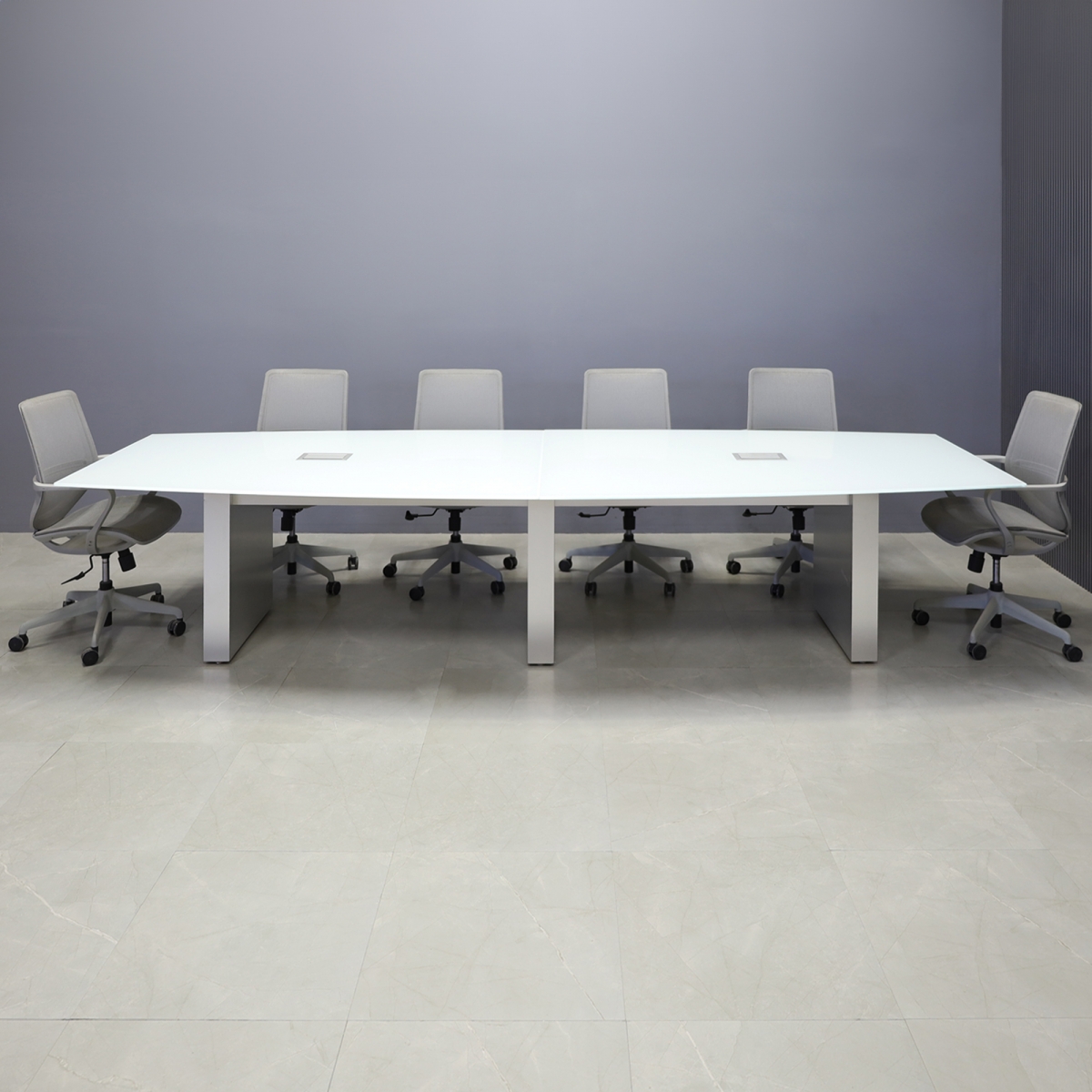 Omaha Boat Shape Conference Table in White Tempered Glass - 144 In. - Stock #37
