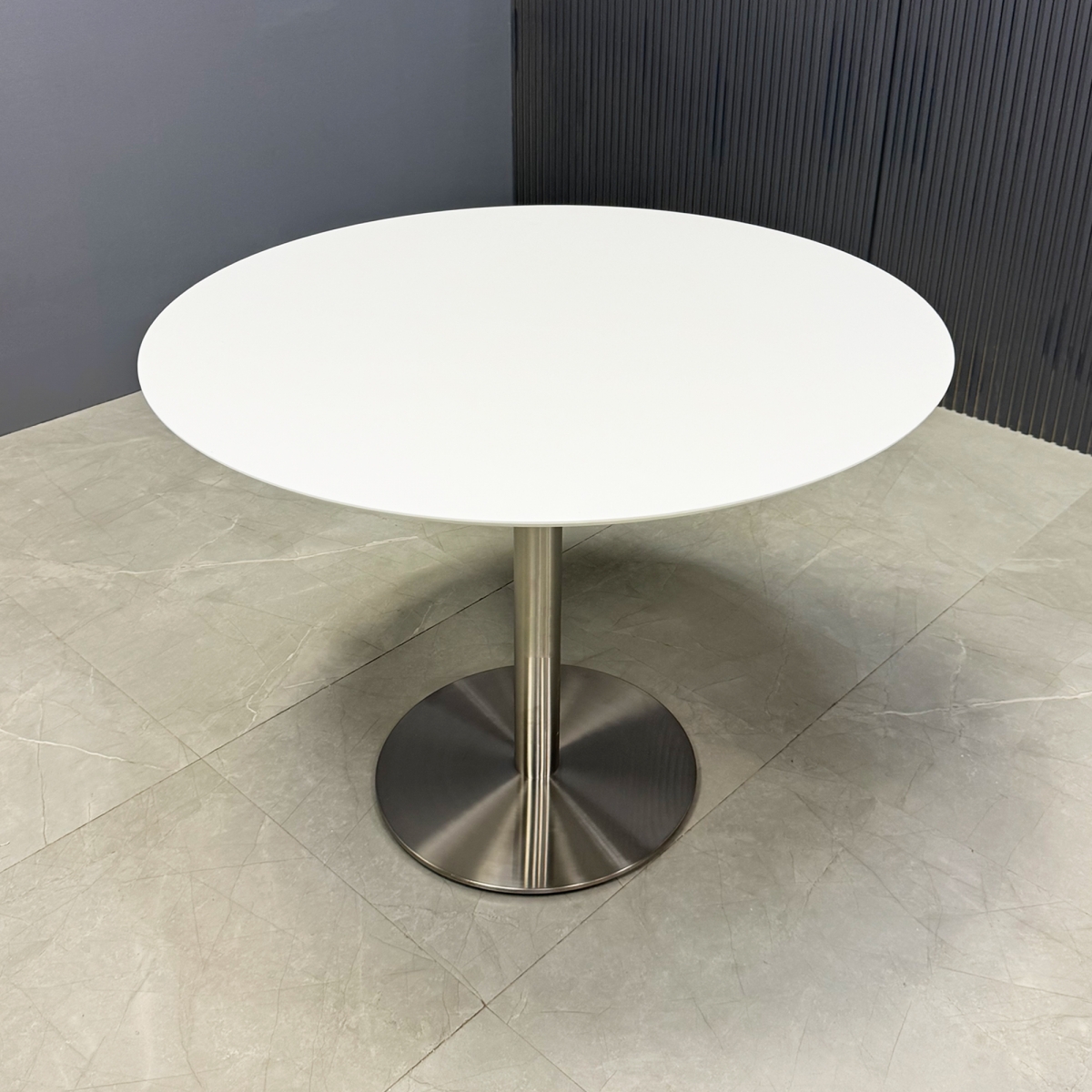 California Round Conference/Cafeteria Table with White Solid Engineered Stone Top - 36 In. - Stock #66