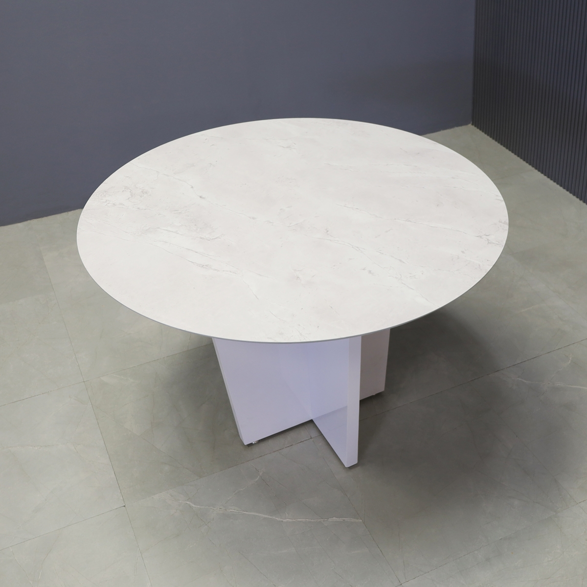 Aurora Round Conference Table in Sterling Calcutta Engineered Stone Top - 47 In. - Stock #48