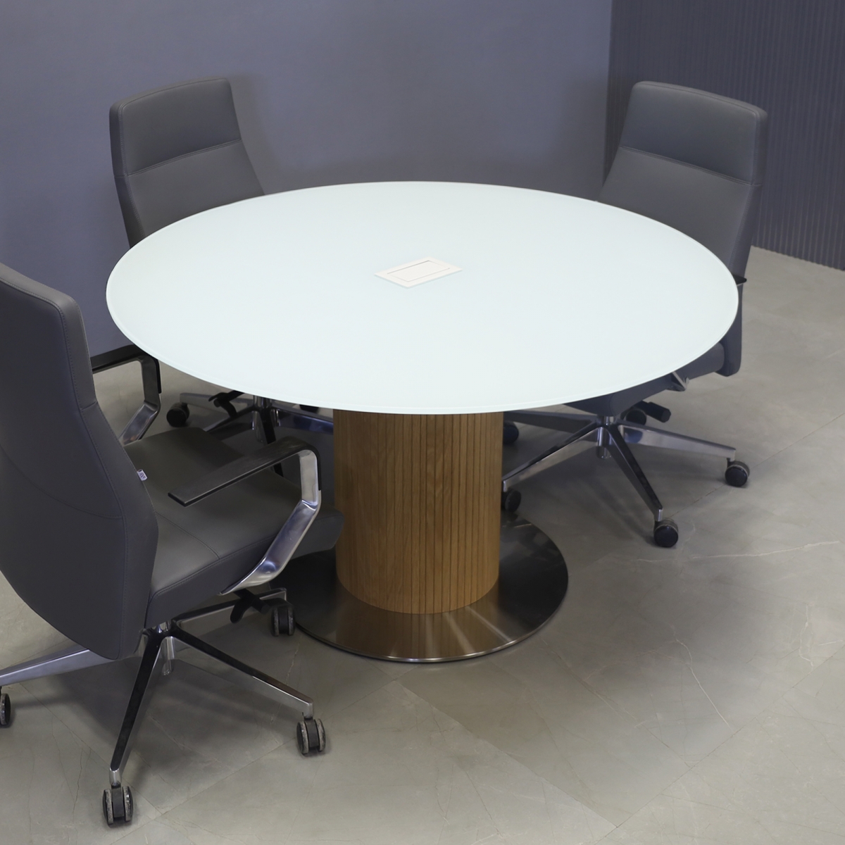 California Round Conference Table in White Tempered Glass Top - 54 In. - Stock #80
