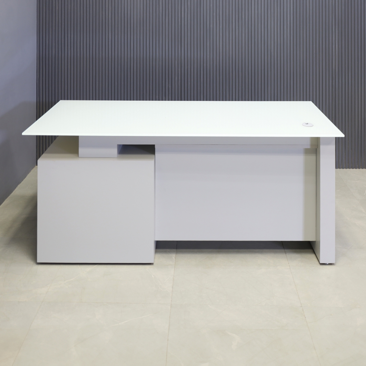 Avenue Straight Executive Desk With Cabinet in White Tempered Glass Top - 65 In. - Stock #40