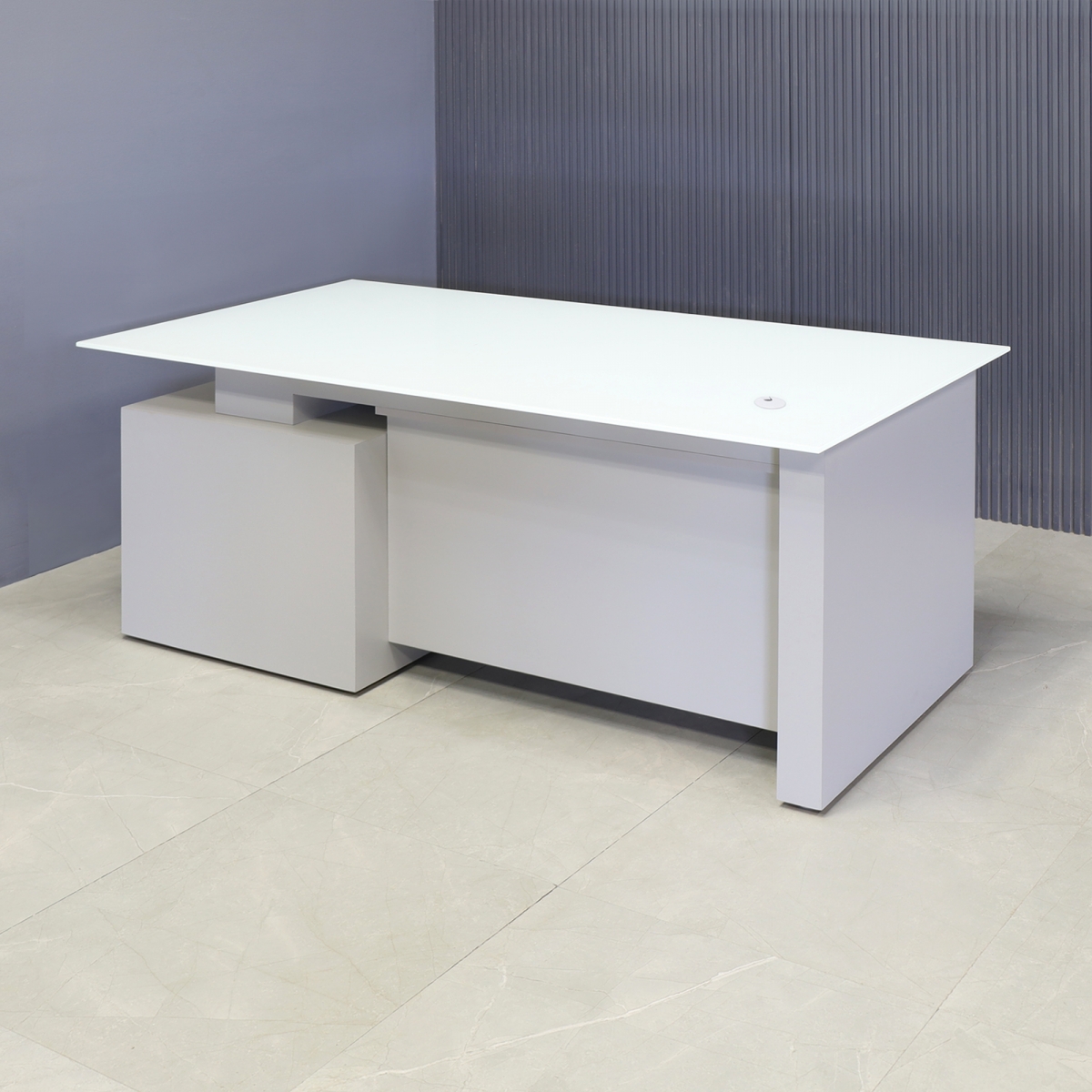 Avenue Straight Executive Desk With Cabinet in White Tempered Glass Top - 65 In. - Stock #40