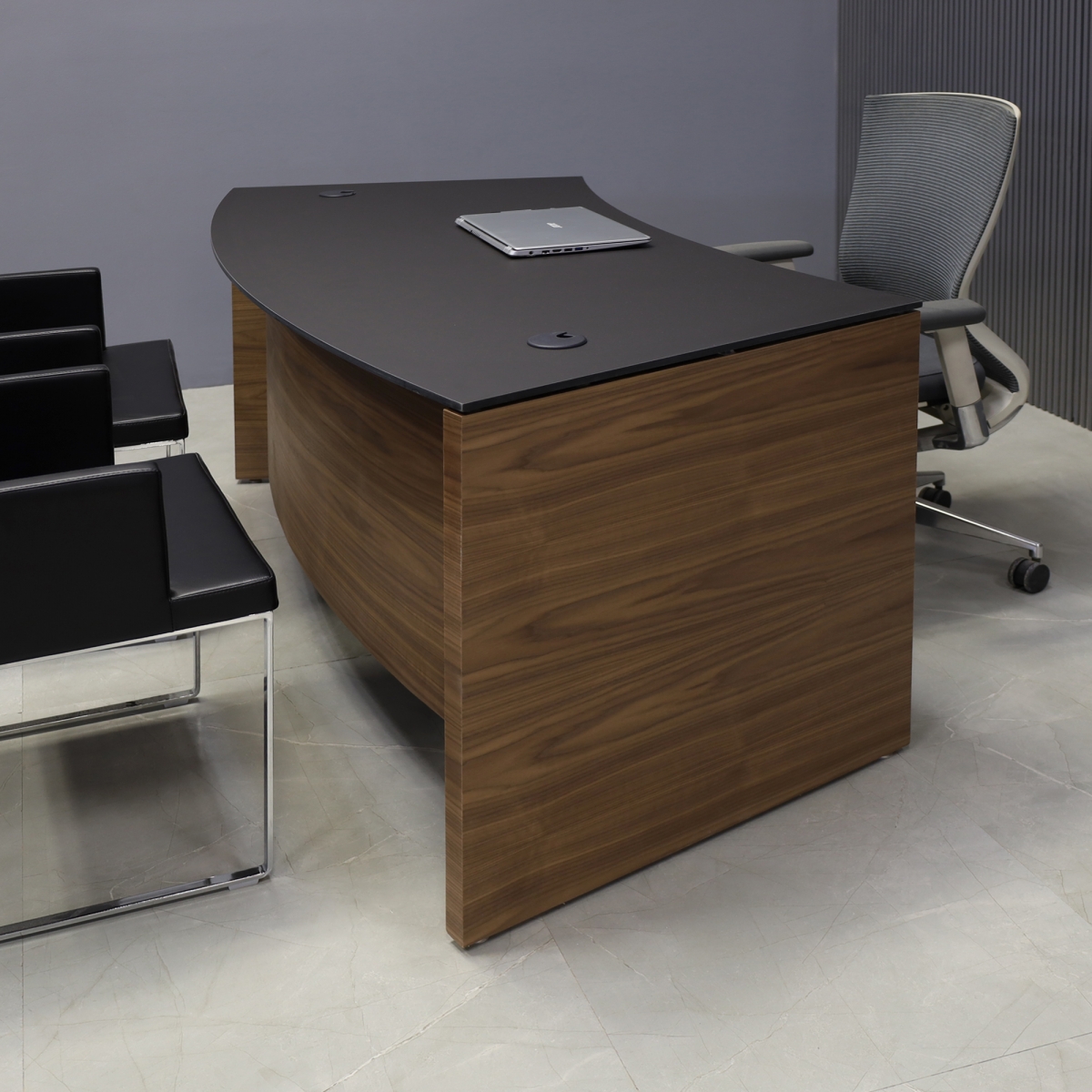 Seattle Curved Executive Desk in Black OPAK Engineered Stone Top - 72 In. - Stock #16