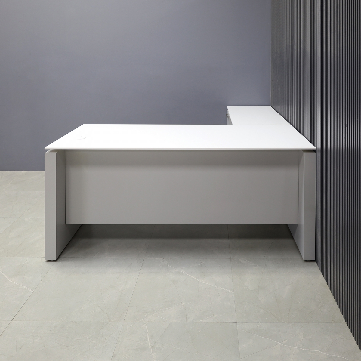 Denver L-Shape Executive Desk with Cabinet in White Solid Engineered Stone Top - 72 In. - Stock #34