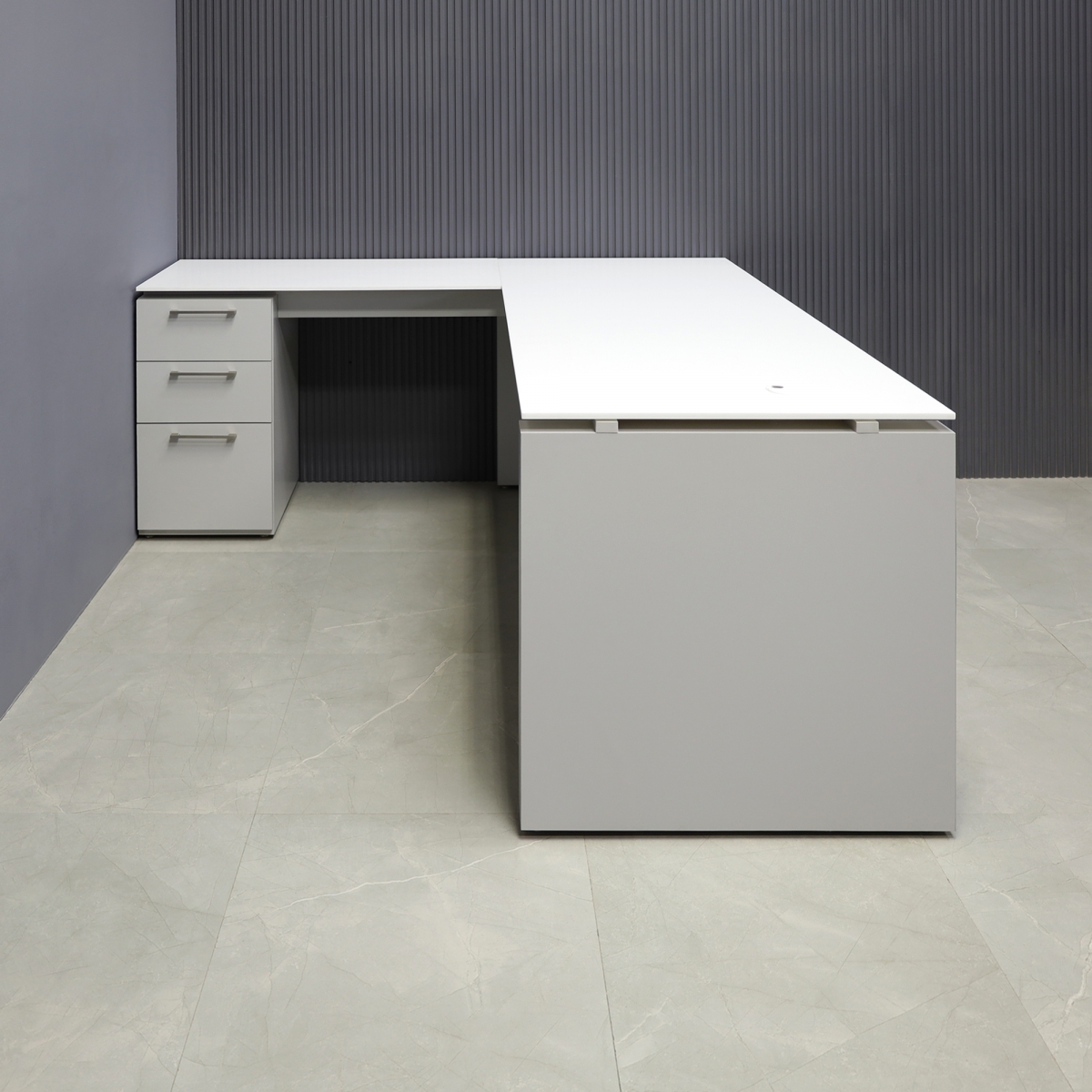 Denver L-Shape Executive Desk with Cabinet in White Solid Engineered Stone Top - 72 In. - Stock #34