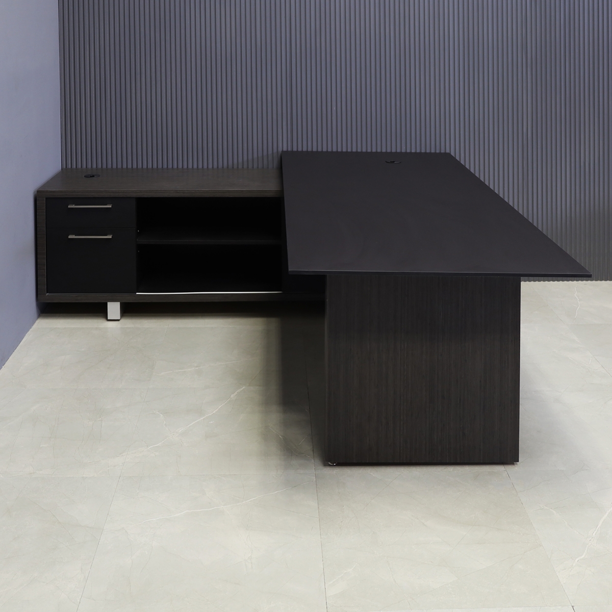Avenue Straight Executive Desk W/ Credenza in Black OPAK Engineered Stone Top - 78 In. - Stock #24