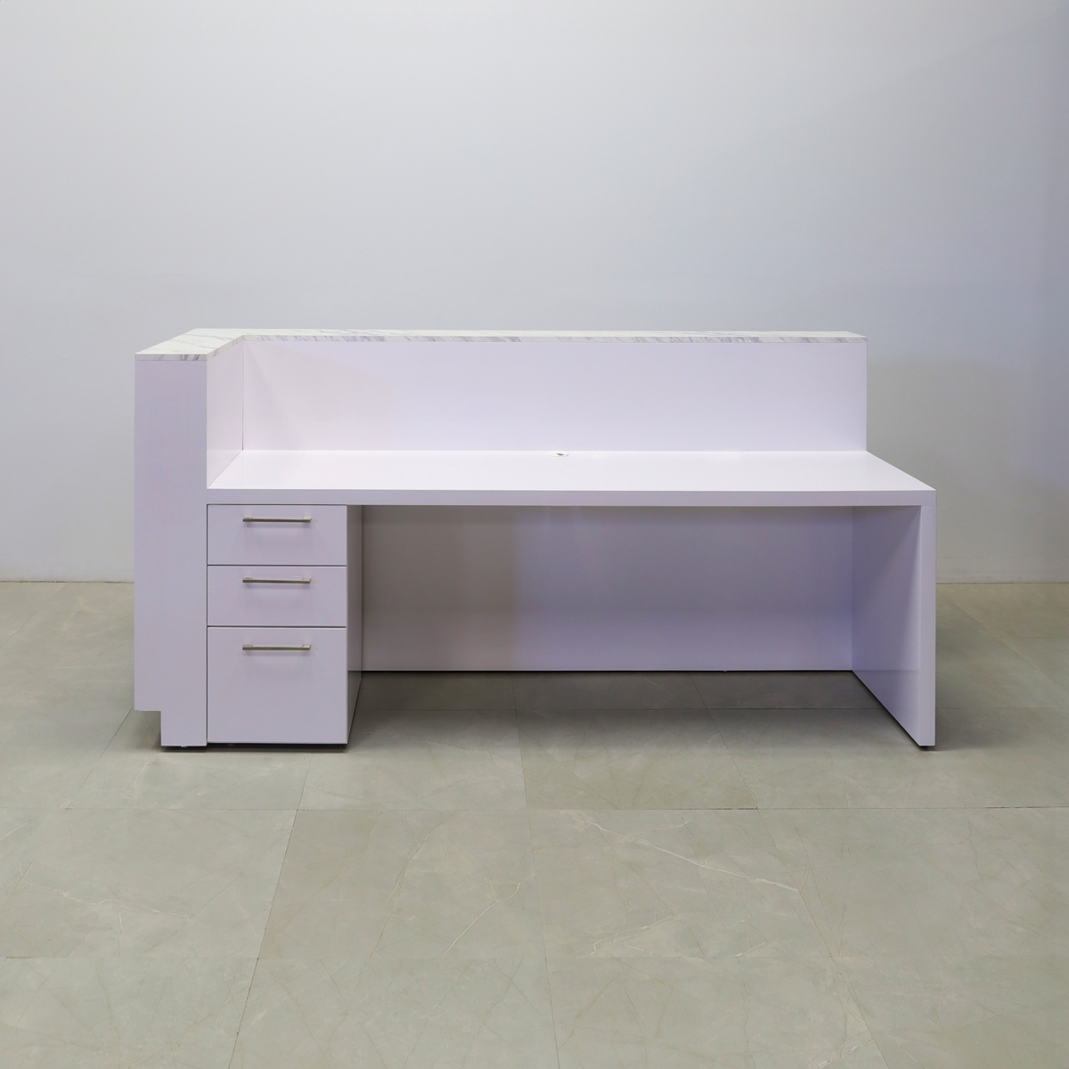 Manhattan L-Shape Reception Desk in Calcutta Stone PVC Accent Panel and Top Counter - 90 In. - Stock #100 