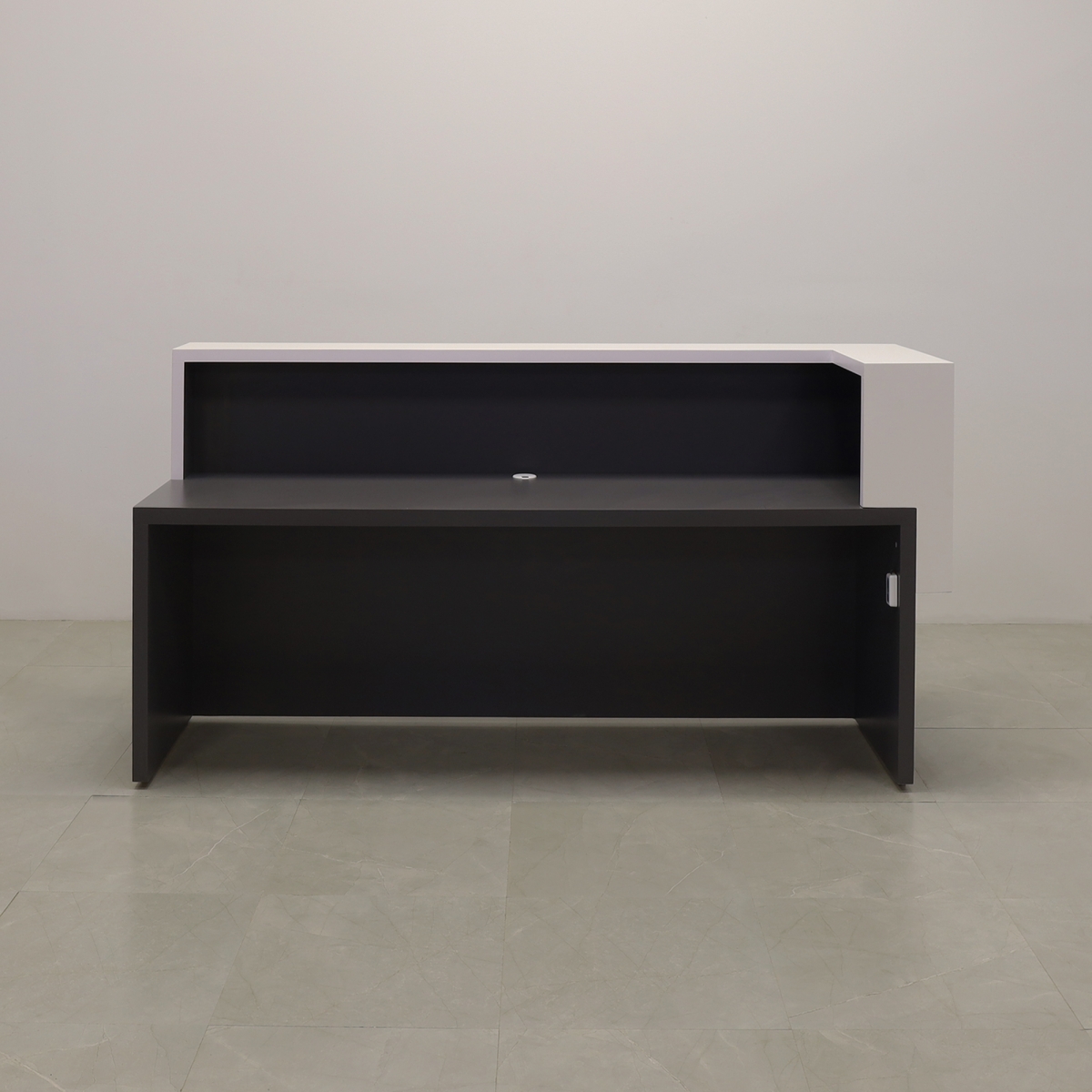 San Francisco L Shape Reception Desk in White Matte and Dark Gray, 92 Inches
