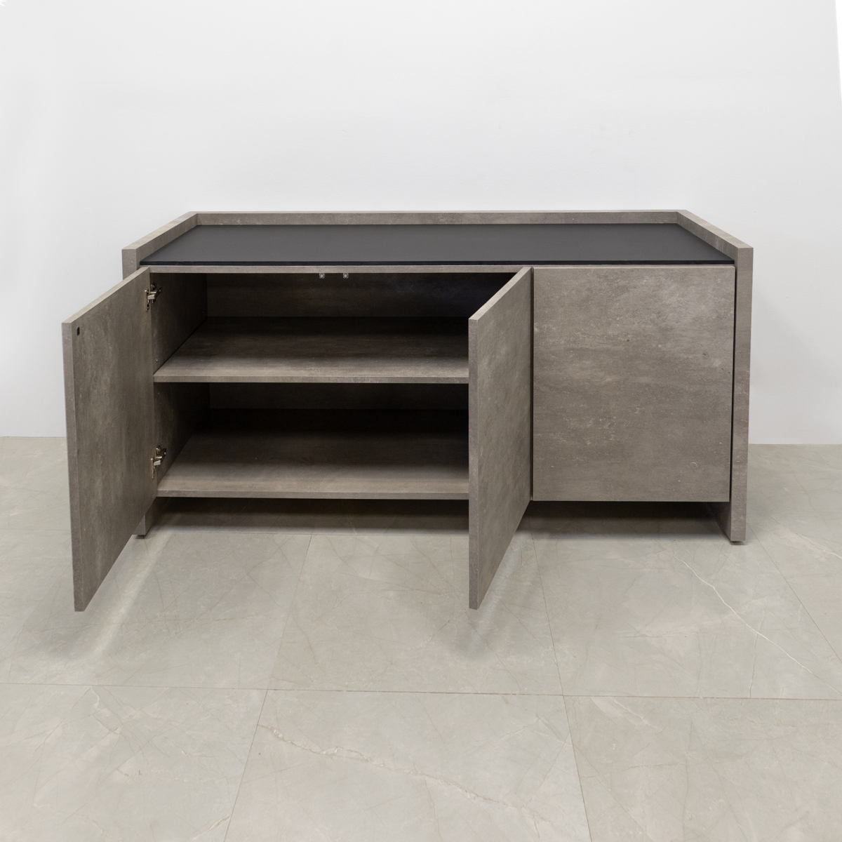 Avenue Credenza in Concrete Laminate and Black Traceless Engineered Stone Top - 64 In. - Stock #6