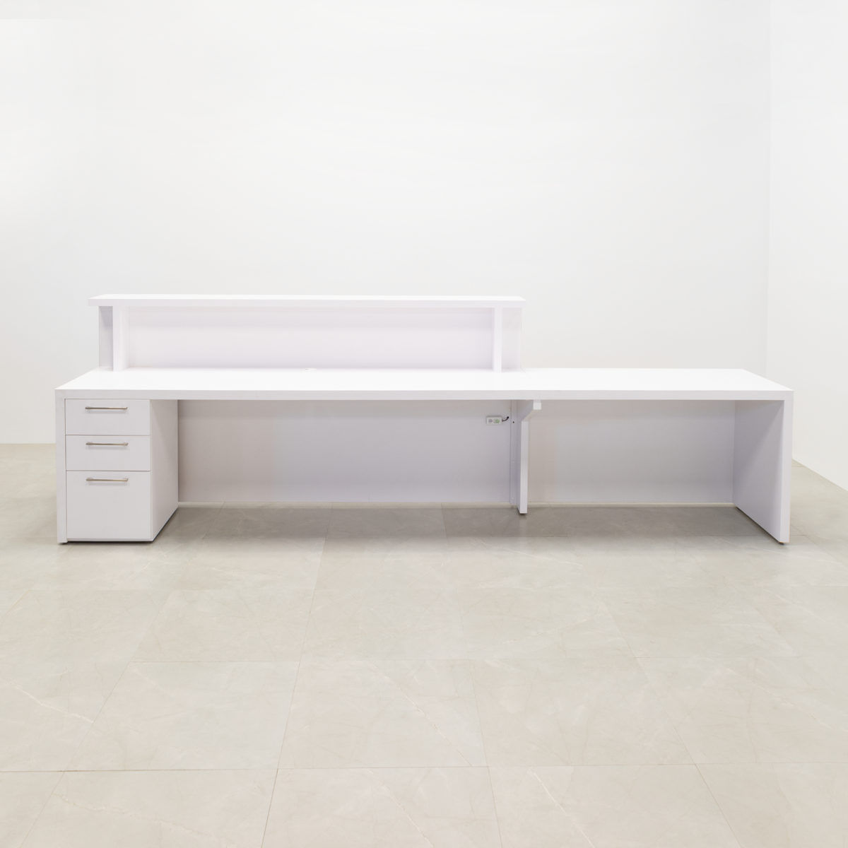 LA Long Reception Desk in White Matte Laminate with Storage
