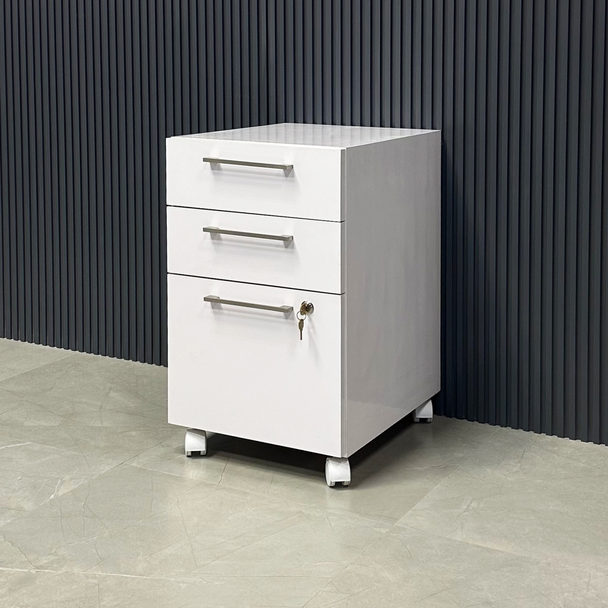 Naples Mobile Storage - 3 drawers -  W/ Lock in White Gloss Laminate - 15 3/4