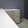 72-inch Aspen Executive Desk With Credenza in white gloss laminate top & credenza, greywood matte laminate privacy panel & front drawers, with white metal leg shown here.
