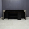 108-inch Custom Chicago Reception Desk in concrete PVC desk, black traceless laminate counter and brushed aluminum toe-kick, with white LED shown here.