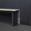 108-inch Los Angeles Long Reception Desk in brazilian stone counter, storm gray laminate desk and storages, with multi-colored LED shown here.