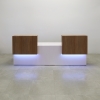 Los Angeles Double Counter ADA Compliant Custom Reception Desk in uptown walnut counters and white gloss laminate desk, with multi-colored LED shown here.