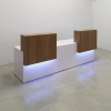 Los Angeles Double Counter ADA Compliant Custom Reception Desk in uptown walnut counters and white gloss laminate desk, with multi-colored LED shown here.