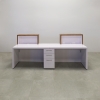 Los Angeles Double Counter ADA Compliant Custom Reception Desk in uptown walnut counters and white gloss laminate desk, with multi-colored LED, sitting side view shown here.