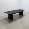 Aurora Boat Shape Conference Table With Engineered Stone Top in black OPAK top and black matte laminate base with two ellora power boxes shown here.
