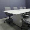 120 inches Aurora Rectangular Conference Table In spanish limestone engineered stone top with two elloras power box, and a dover off-white laminate base & legs shown here.