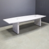 120-inch Newton Boat Conference Table in white gloss laminate top and base, with two silver MX2 powerboxes shown here.