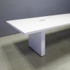120-inch Newton Rectangular Conference Table in white gloss laminate top and base, with two silver MX2 powerboxes shown here.