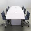 Newton Boat Shape Conference Table With Laminate Top in white gloss laminate top and base with two ellora power boxes shown here.