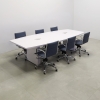 120 inches Newton Boat Shaped Conference Table in White Gloss Laminate finish top and base, Two Ellora power boxes, and six blue chairs shown here.