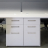 120-inch aXis Workstation in white gloss laminate top, legs and storages, and two frosted acrylics partitions shown here.