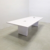 Newton Rectangular Conference Table With Laminate Top inwhite gloss laminate top and base with two ellora power boxes shown here.