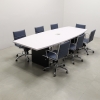 Newton Boat Shape Conference Table With Laminate Top in white matte laminate top and black matte laminate base with one ellora power box shown here.