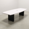 120 inches Newton Boat Shaped Conference Table In White Matte Laminate Top with a built-in power box with USB and HDMI features, and black matte laminate base shown here.