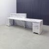 New York ADA Compliant Custom Reception Desk in calcutta stone pvc laminate counter, front panel and desk, with white LED, sitting side view shown here.