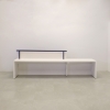 Los Angeles Long and ADA Compliant Custom Reception Desk in navy blue matte laminate counter and dover-off white laminate desk, with warm white LED, sitting side view shown here.