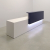 Los Angeles Long and ADA Compliant Custom Reception Desk in navy blue matte laminate counter and dover-off white laminate desk, with warm white LED shown here.
