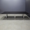 144 inches Newton Rectangular Conference Table In black traceless laminate top, brushed aluminum base & legs, and two black nacre power boxes shown here. 