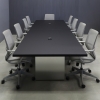 144 inches Newton Rectangular Conference Table In black traceless laminate top, brushed aluminum base & legs, and two black nacre power boxes shown here. 