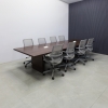 Newton Rectangular Conference Table With Laminate Top in colombian walnut matte laminate top and base with two nacre power boxes shown here.