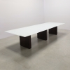 Omaha Rectangular Conference Table With Tempered Glass Top in white top and black matte laminate base shown here.