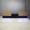 168-inch Los Angeles Double Counter Custom Reception Desk in planked urban oak counters black matte laminate desk, with color LED shown here.