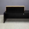 168-inch Los Angeles Double Counter Custom Reception Desk in planked urban oak counters black matte laminate desk, with color LED shown here.